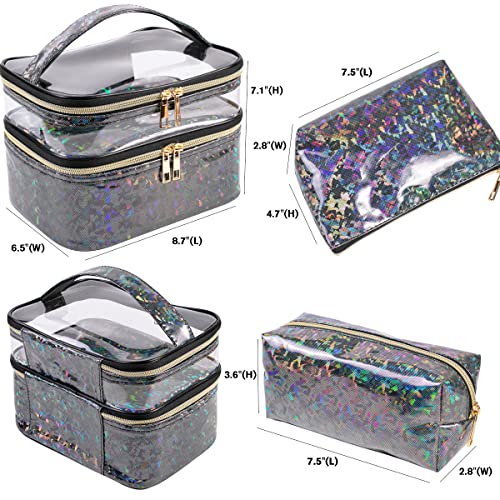 FITINI 3 Pieces Makeup Bags Double Layer Travel Large Holographic Cosmetic Cases Organizer Toiletry Bags Waterproof Small Zipper Pouch for Women Makeup Brush Storage Bag,Black