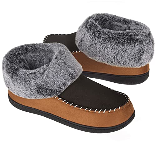 VONMAY Women's Bootie Slippers Moccasin Boots Fuzzy Plush Faux Fur House Shoes Winter Warm Memory Foam Non-slip Indoor Outdoor, Coffee, Size 5