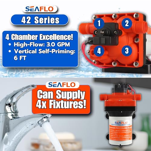 SEAFLO 42 Series 12V 3.0 GPM 55PSI Continuous Duty Diaphragm Pump with Bypass for Reduced Cycling, Fresh/Salt Water, 4-Year Warranty, UL & CSA Certified, Self-Priming for Marine, RV, Off-Grid, Boats