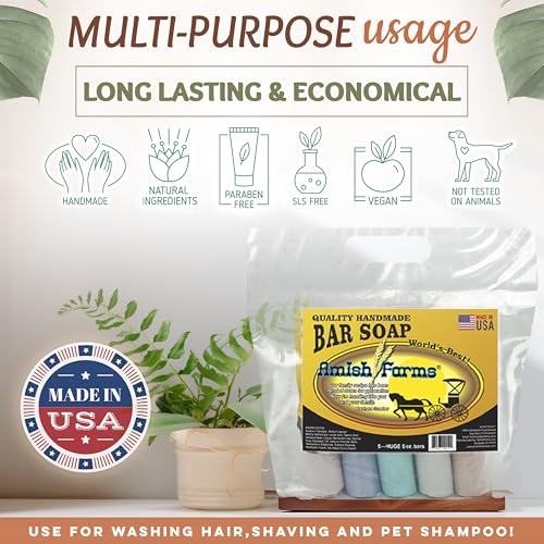 Amish Farms Original Recipe All Natural Soap Bar - Made in USA, Handmade, Vegan Moisturizing for Sensitive Skin - Women & Mens Face & Body Bar Soap - Clean Scent 5 Oz Each (5 Bars)