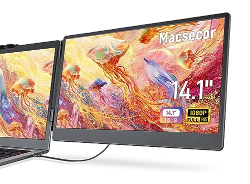 Macsecor 14.1'' Laptop Screen Extender, 1080P FHD Triple Portable Monitor for Laptop USB C HDMI, Plug-Play Laptop Monitor Extender for 13''-17'' Laptops, for Mac/Wins/Android/Switch