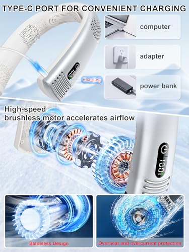 Portable Neck Fan Rechargeable 7000mAh, Bladeless 360° Airflow Cooling Neck Fan Cooler with Necksupport, Quiet Wearable Hands-Free Personal Fan, 4 Turbo, Display, Portable Fan for Hot Flashes/ Travel