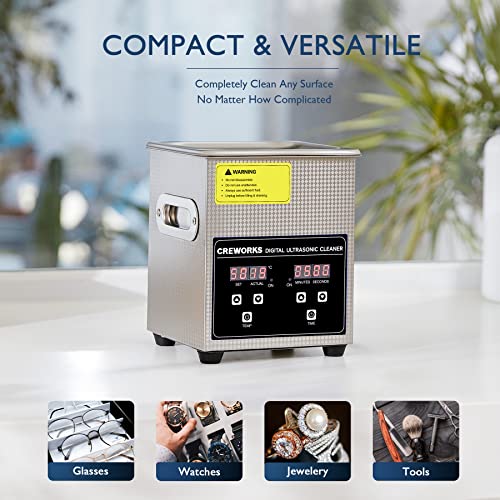 CREWORKS 2L 60W Ultrasonic Cleaner Machine, Professional Jewelry Cleaning Machine with Heater & Timer, Digital Ultrasonic Cleaner for Watch Glasses Retainer Denture Parts Cleaning, 5.9"x5.3"x4" Tank