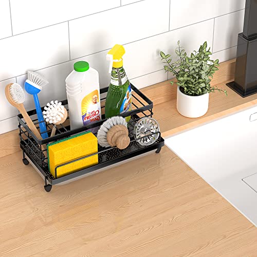 Cisily Sponge Holder , Caddy Organizer, Sink Accessories with Drip Tray, Rustproof and Non-slip , Kitchen Essentials for New Home(Matte Black