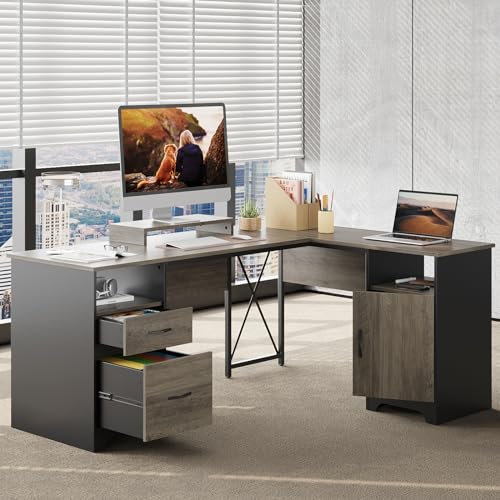 Bestier L Shaped Desk with File Drawers, 63" x 47" Office Computer Desk with Storage Cabinet, Corner Desk with Monitor Stand & Modesty Panel for Home Office, Cherry