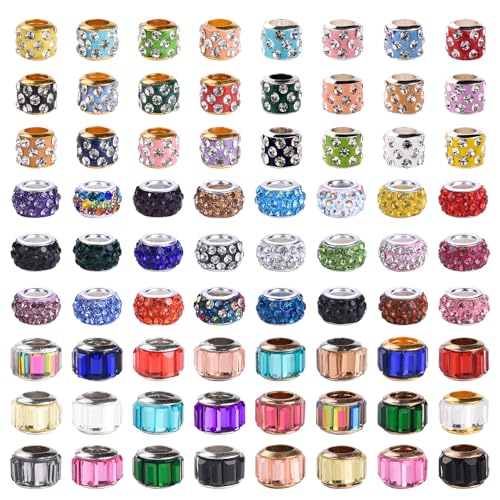 Aipridy 30 Pcs Lucky Beads Lover Pearls and Glass Rhinestones Amber Beads, Large Hole Spacer Beads European Craft Beads fit DIY Charms Bracelet Jewelry Making (Silver core+3 rows bicolor rhinestone)