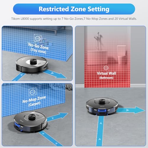 Tikom Robot Vacuum and Mop, L8000 Laser LiDAR Navigation Robotic Vacuum, 3000Pa Suction, 150Mins Max, 45dB, 14 No-Go Zones, 20 Virtual Walls, Self-Charging, Good for Pet Hair, Carpet, Hard Floor