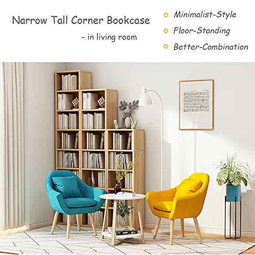 IOTXY Small Narrow Corner Bookcase - 47 Inches Tall Gap Freestanding Storage Cabinet, 4 Lattices Open Shelves Tower Rack with Door, Cubes Bookshelf in Oak