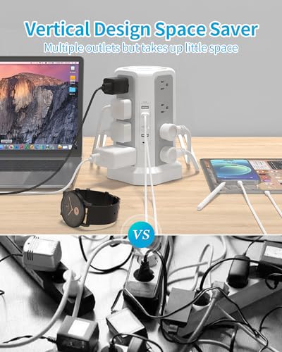 PD 18W USB C Power Strip Surge Protector Tower with 16 Outlets and 5 USB Ports, 6FT Extension Cord with Multiple Outlets, Fararaka Charging Station Home Office Essentials