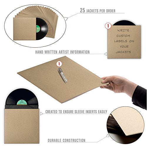 TunePhonik 12-inch Vinyl Record LP Jackets with Spine, Kraft Finish and No Center Hole | 25 Pack | Made in USA