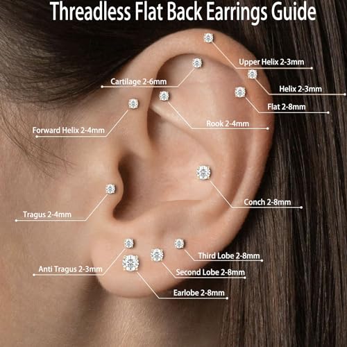 Dainty Threadless Flat Back Earrings, Surgical Steel Flat Back 2mm Stud Earrings in 14K Gold Plated Hypoallergenic | Cartilage Earring | Helix Piercing Jewelry | Push in Flat Back Earrings for Women
