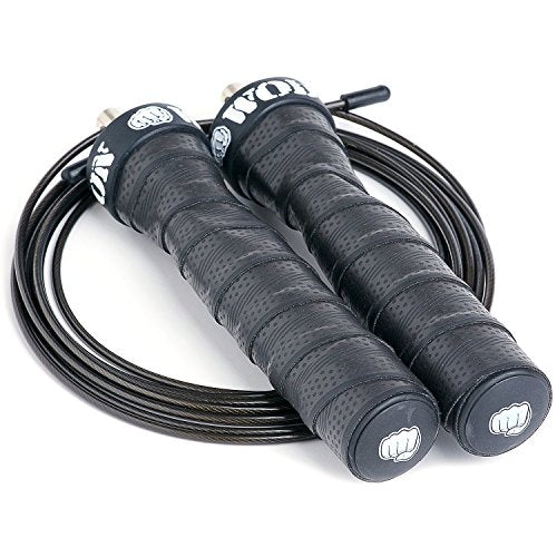 WOD Nation Attack Speed Jump Rope - Black Alloy Steel Handles - Weighted & Speed Cable System - Includes 11 ft Heavy (3.3 mm) & Light (2.2 mm) Cables for Men & Women