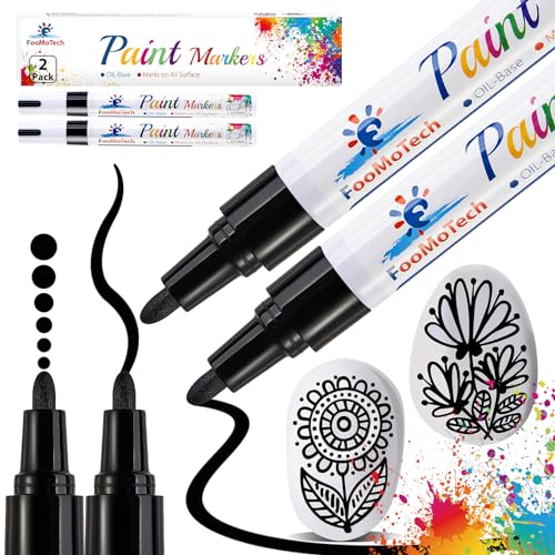 FooMoTech Black Paint Pen Paint Markers - Permanent Acrylic Markers 2 Pack, Oil Based, Medium Tip, Quick Dry, Wateproof Paint Markers for Rock, Fabric, Metal, Wood, Plastic, Canvas, Leather, Glass