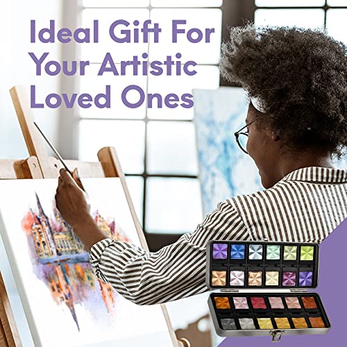 MozArt Supplies Komorebi Professional Metallic Watercolor Set - Portable Metal Box with Safety Lock and Fully Detachable Pans for Easy Customization - 24 Shimmering Colors for Arts and Crafts