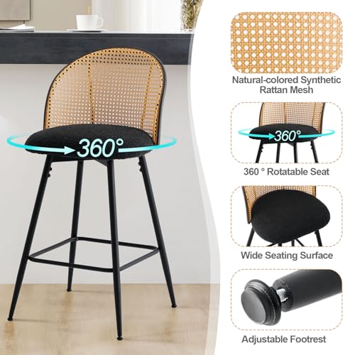 Bekrvio Swivel Bar Stools Set of 4, Mid Century Modern 29" Bar Chairs with Rattan Back and Metal Legs, Upholstered Boucle Fabric Barstools Island Stools for Kitchen Counter, Home Bar, Green