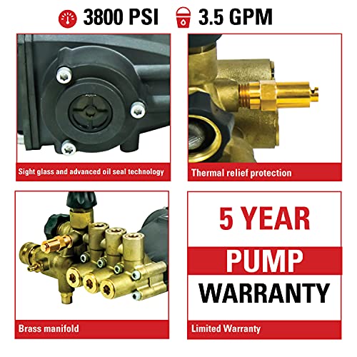 AAA 90037 Horizontal Triplex Plunger Replacement Pressure Washer Pump Kit, 3700 PSI, 2.5 GPM, 3/4" Shaft, Includes Hardware and Siphon Tube, for Industrial Gas Powered Machines, Black