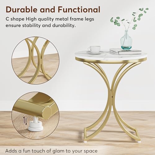 Tribesigns Small Round Sofa Side Table, Faux Marble White and Gold End Table, Contemporary Side Table Bedside Coffee Table (1PCS)
