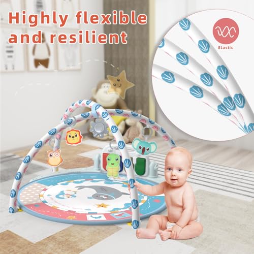 Baby Tummy Time Mat, Baby Gyms Playmats Activity Mat with 4 Toys and Mirror, Piano Keys with 40 Music, Multi-Functional Sensory Development Activity Gym for Infants and Toddlers 3 to 18 Month(Blue)