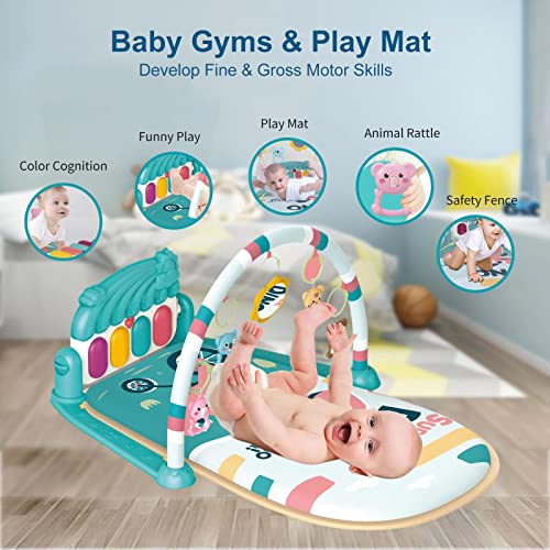 dearlomum Baby Play Mat Baby Gym, Piano Tummy Time Baby Activity Gym Mat with 5 Infant Learning Sensory Baby Toys, Music and Lights Boy & Girl Gifts for Newborn Baby 0 to 3 6 9 12 Months(Blue)