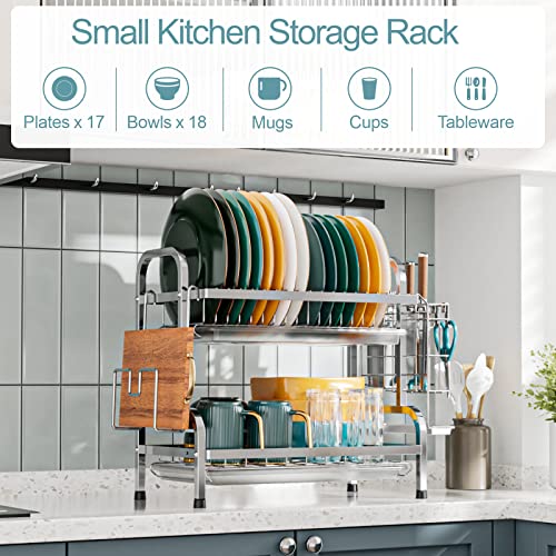 Swedecor Dish Drying Rack - 2 Tier Dish Rack with Drain Spout, Rust Resistant Dish Drainer with Cup Holder and Utensil Holder for Kitchen Countertop Small Saving Space, Black