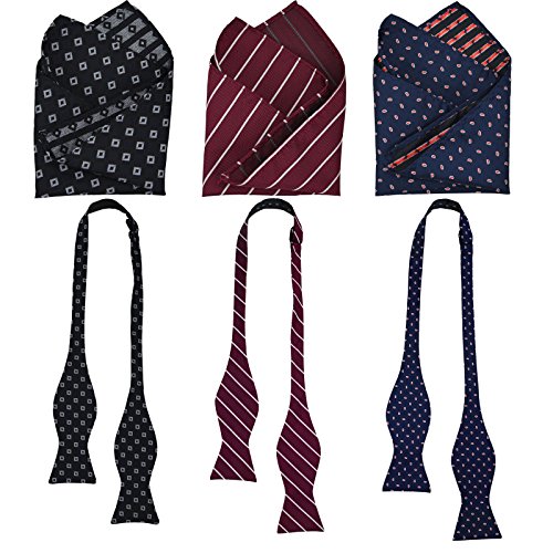 SYAYA 3Sets Male Men's boy's Self Tied Classic Pre-Tied Pocket Square Bowtie Jacquard Party Wedding Necktie Ties Adjustable Mens boys bow Tie MLD07 (03 Dark red)