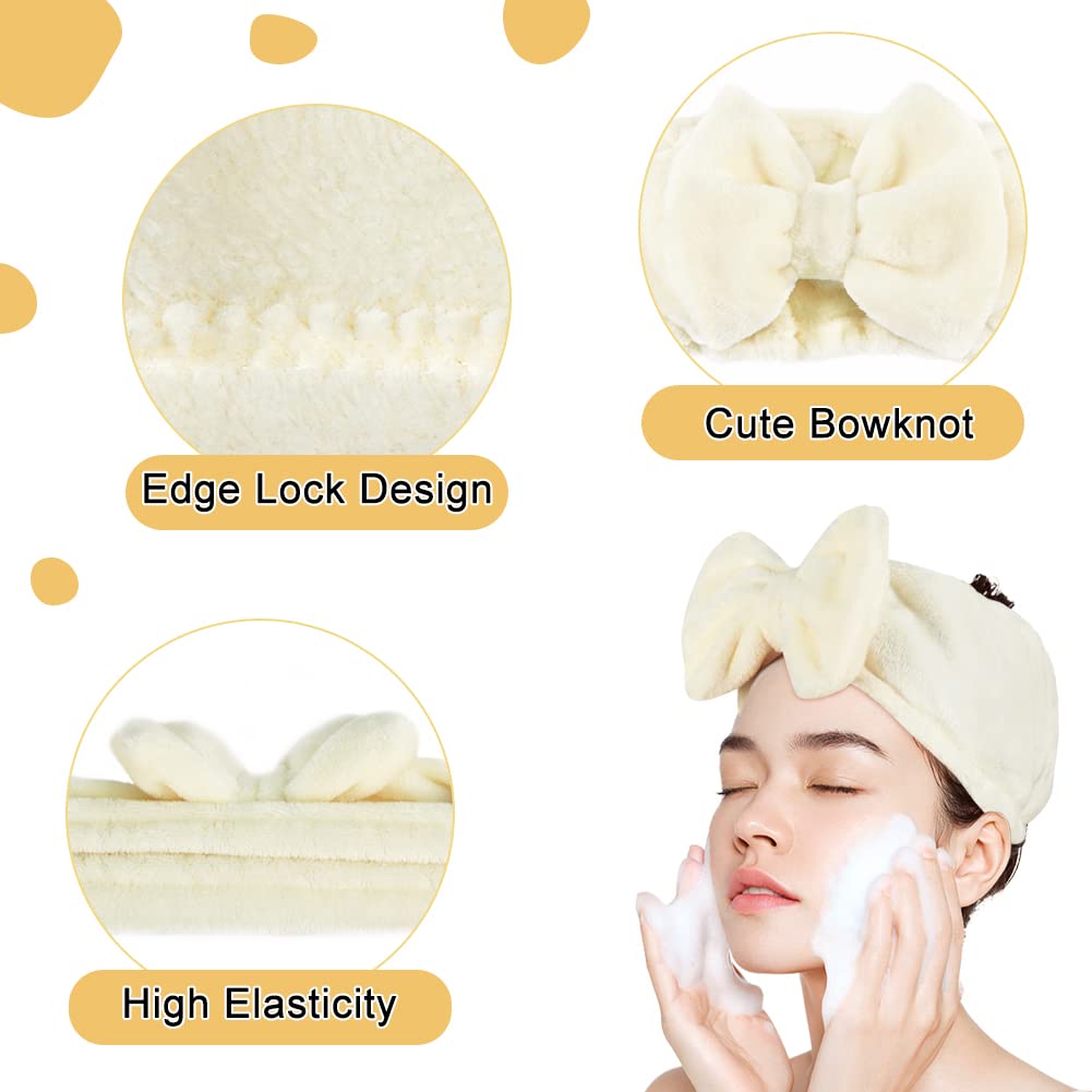 Shintop Spa Headband Soft Carol Fleece Makeup Headband with Cute Bow Elastic Hairand for Washing Face Skincare Facial Mask Bath Gift(Creamy White)