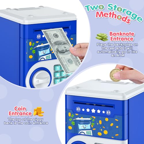 Dark Blue Piggy Bank for Kids with Password Code Lock and Auto Grab Bill Slot, PhilaeEC Real Money Cash Coin Can Saving Box Electronic Money Safe Bank, Hot Gift for 4 7 8 9 10 11 Year Old Boys Girls