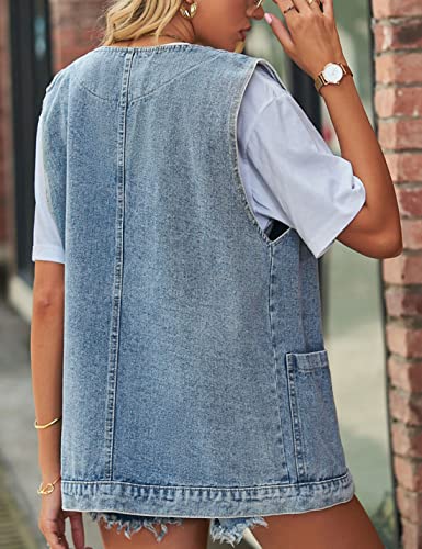 Zontroldy Denim Jean Vest for Women Oversized Sleeveless Button Down Denim Jean Vest Waistcoat Shacket Jacket (0170-Pink-L)