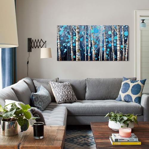 HKDGOKA Wall Art for Living Room Blue Forest Painting Abstract Tree Landscape Panoramic Canvas Textured Picture,Modern Larg Artwork Framed for Bedroom Bathroom Office Home Decor 40"x20"