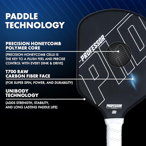 Professor PhD T700 Raw Carbon Fiber Premium Pickleball Paddle Racket - Precision Honeycomb Core - Enhanced Power & Control - USAPA Pickleball Approved