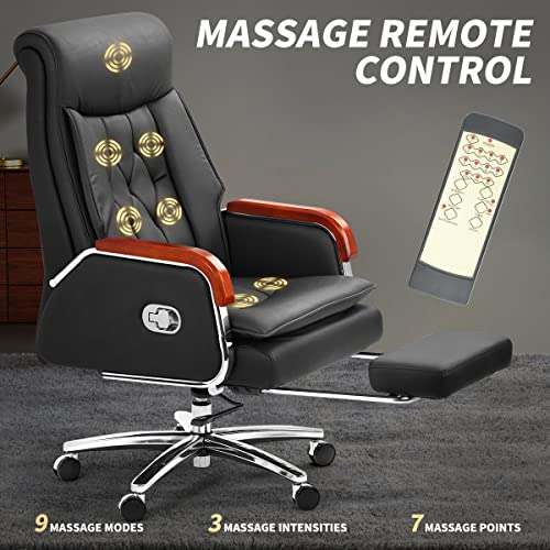 Kinnls Cameron Massage Chair Genuine Leather Executive Office Chair for Long Hours Ergonomic Home Chair Fully Reclining with Pillow,Retractable Footrest and Adjustable Headrest (Cowhide Leather-Black)