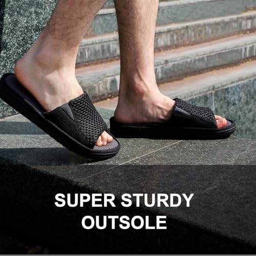 LongBay Men's Comfy Memory Foam Slide Slippers Breathable Mesh Cloth House Shoes (Small / 7-8 D(M) US, Black)