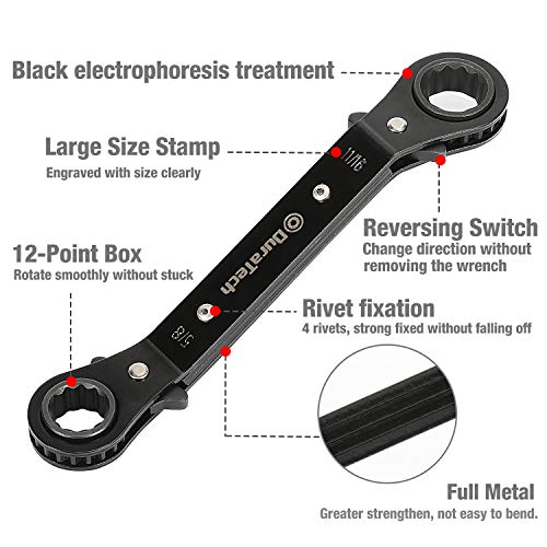 DURATECH 5 Pc Double Offset Box End Reversible Ratcheting Wrench Set Metric, Heavy-duty, Matte Chrome Plated, Ratchet Spanner Crooked for Narrow Spaces (6x8 mm, 10x12 mm, 13x14 mm, 15x17 mm, 19x21 mm)