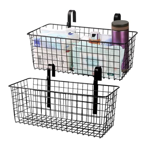 Ymeibe 2 Pack Bedside Hanging Wire Basket for Storage Bedside Caddy Hanging Organizer Bunk Bed Shelf Holder Pocket for College Dorm Room Baby Bed Rails (Black/Large)