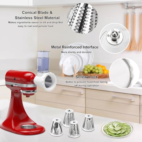 Cheese Slicer Shredder Attachments for KitchenAid Stand Mixers, Food Slicers Cheese Grater Attachment, Salad Maker Accessory Vegetable Chopper with 4 Blades Dishwasher Safe-Upgraded Version
