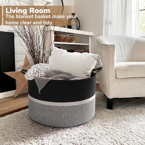 CHICVITA Extra Large Laundry Basket, Woven Rope Blanket Basket For Towels, Clothes, Toy Storage Baskets, Pillow Baskets For Living Room, Family Room, 22 x 22 x 14 inches, Black