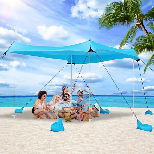 Beach Tent, Camping Tent UPF50+ with 8 Sandbags, Beach Essentials for 6-12 Persons, Beach Shade Canopy with Stability Poles and Big Ground Pegs, Pop Up Canopy for Camping, Picnics, 10X10FT Blue