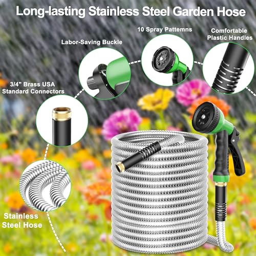 EONFAY Metal Garden Hose 50ft, Stainless Steel Water Hose Leak-Proof w/10 Function Sprayer Nozzle, 3/4" Fittings Flexible Garden Hose, Long-Lasting, Lightweight, No-Kink Water Hose, for Yard and Lawn
