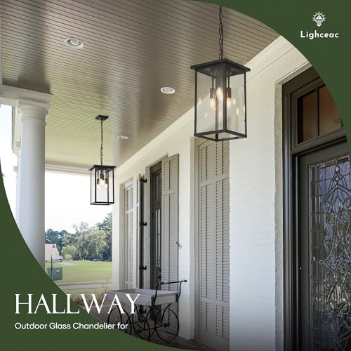 lighceac 10" Modern 4-Light Exterior Black Square Lantern Pendant Light Fixture with Clear Glass Industrial Hanging Cage Chandelier for Outdoor Porch Kitchen Island Dining Room Hallway Entryway Foyer