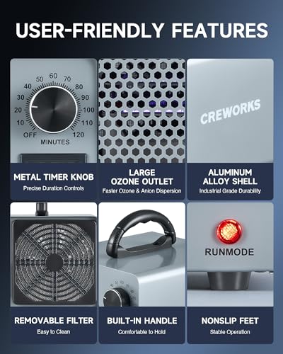 CREWORKS Ozone Generator, 5000 mg/h High Capacity Ozone Machine for Car Home Smoke Pet Odor Removal, Commercial Ozone Odor Eliminator Air Purifier with Timer Display for 3200 sq ft Room, Silver