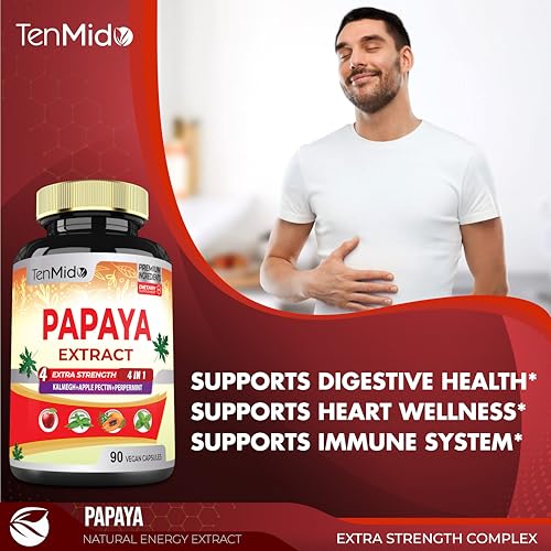 Papaya Leaf Extract Supplements Capsules 5650mg, 3 Months Supply with Kalmegh, Apple Pectin, Peppermint - Improved Digestion Function - 90 Vegan Capsules