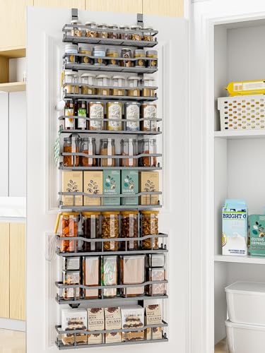 MSERCUOR Over The Door Pantry Organizer Rack, 6-Tier Metal Pantry Organization And Storage with Adjustable Baskets, Hanging Spice Rack for Home & Kitchen Laundry Room Bathroom (6 Tier Black)