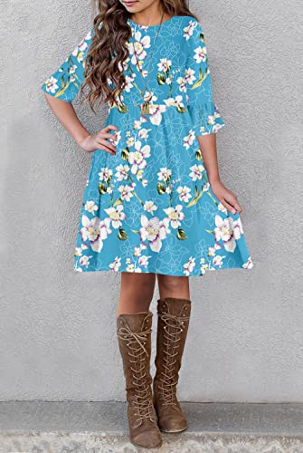 HOSIKA Girls Flowy Swing Casual Long Sleeve Pleated Waist Floral Ruffle A-line Dress for Kids 6-12 Years Teal L
