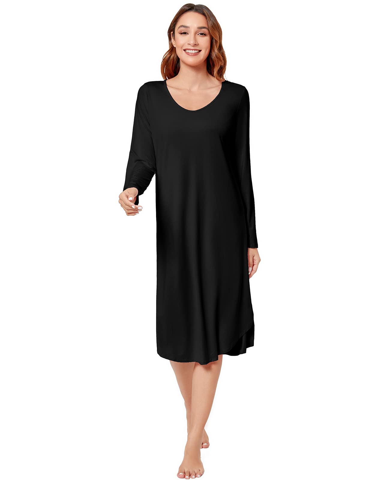 QUALFORT Womens Nightgowns Long Sleeve Nightgown V Neck Loungewear Side Slit Soft Nighdress B-black