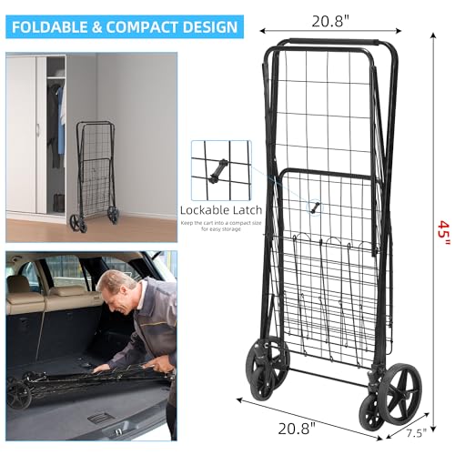 HABUTWAY Folding Shopping Cart with Removable Oxford Cloth Liner, Grocery Cart on Wheels,360°Swivel Wheels,Heavy Duty Shopping Carts for Groceries, 220lb Capacity Black