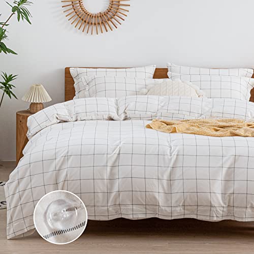 JELLYMONI Twin Duvet Cover Set- Cotton Plaid Duvet Cover 2 Pieces with Button Closure, 1 Duvet Cover and 1 Pillowcases (White with Black Grid Geometric Pattern Printed)