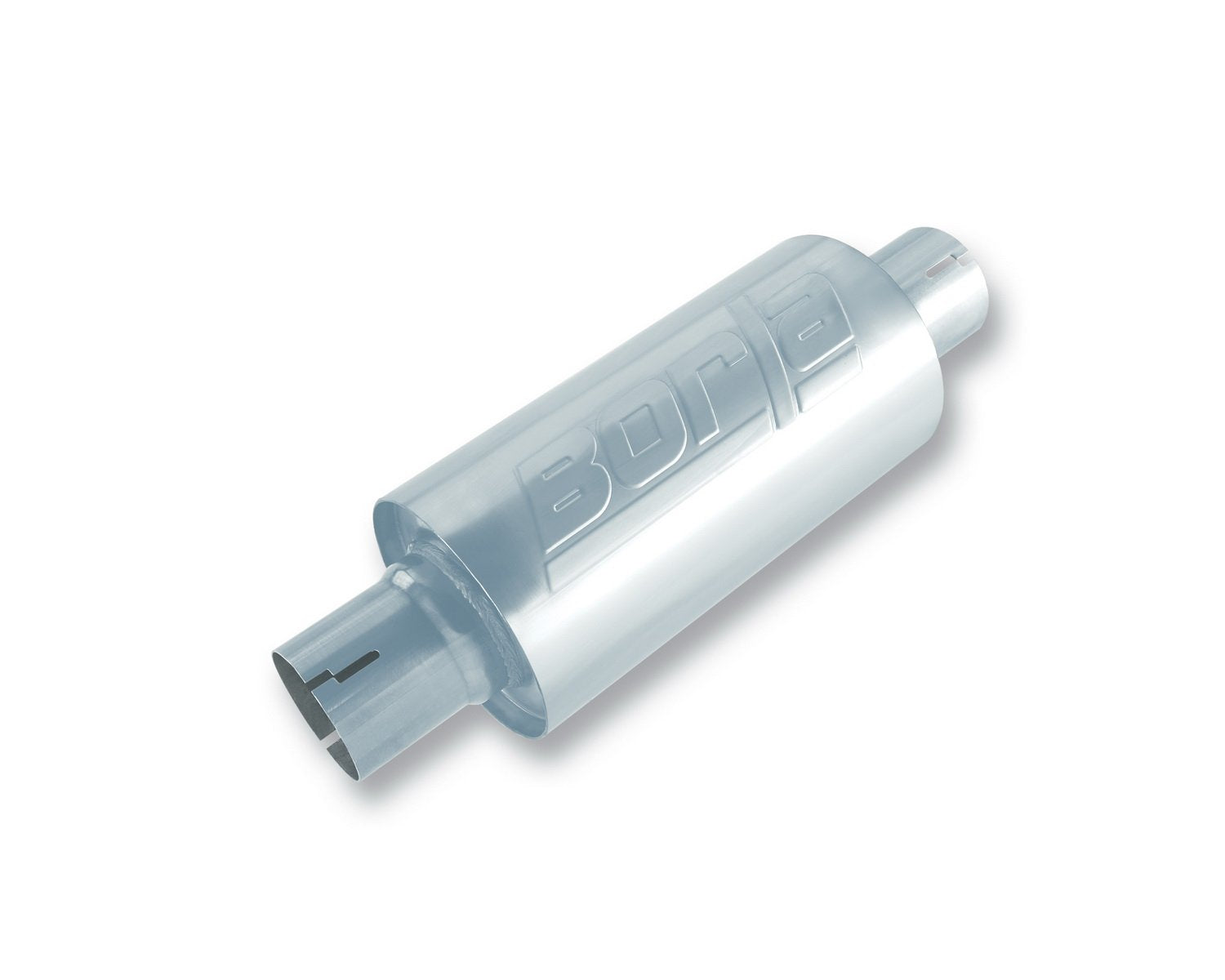 BORLA 40842S Specialty Universal Performance Muffler 2.5" Center Inlet / 2.5" Center Outlet 5" Round x 10" Long Body 15" Overall Length Un-Notched Necks Reversible Design T-304 Stainless Steel