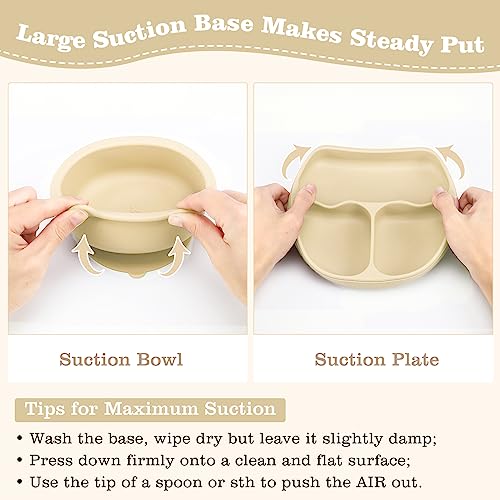 Silicone Baby Feeding Set, Baby Led Weaning Supplies with Suction Bowl Divided Plate, Toddler Self Feeding Dish Set with Spoons Forks Sippy Cup Adjustable Bib, Eating Utensils for 6+ Months(Beige)