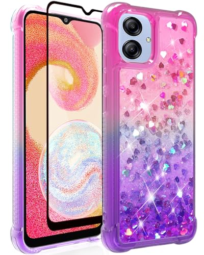 Guzhthi for Samsung A04E Case: Clear Glitter Flowing Liquid Quicksand Shockproof Corner Phone Case for Samsung Galaxy A04E with Tempered Glass Screen Protector - Pink/Purple