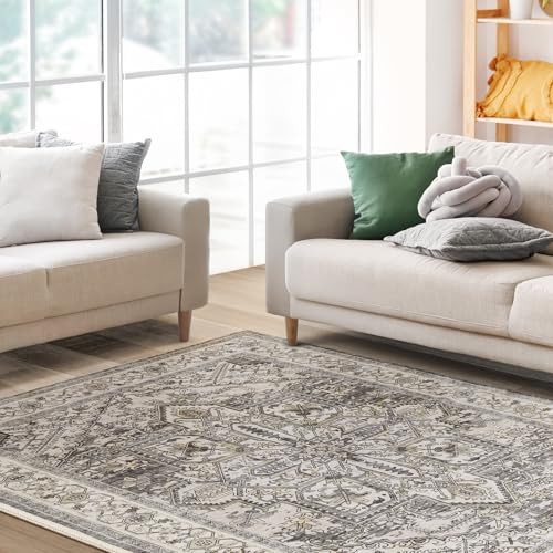 WITSHOCK Boho Area Rugs Machine Washable for Living Room Bedroom, Large 5x7 Vintage Non-Slip Stain Resistant Floor Carpet Indoor for Kitchen Dining Room Office Home Decor, Brown-Lvory